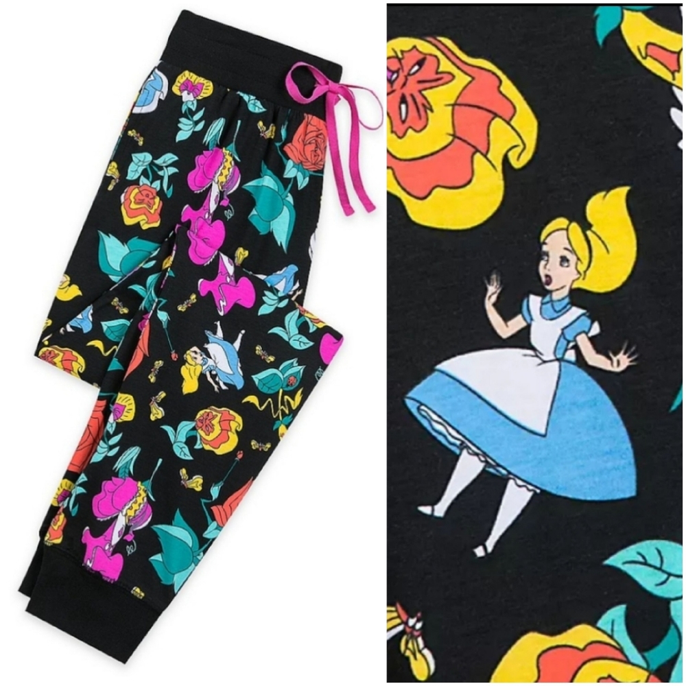 Disney Black Alice in Wonderland Floral Jogger Pants with Pink Drawstring
